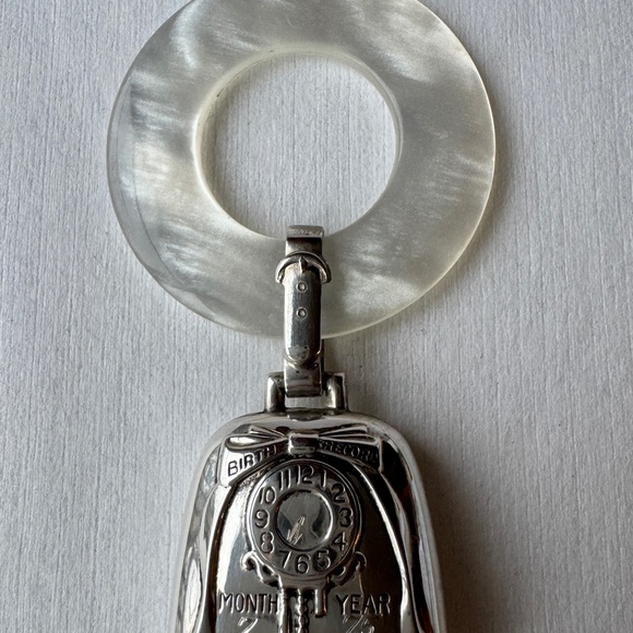 Vintage Sterling Silver & Mother Of Pearl Baby Rattle Teething Ring Monos